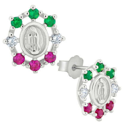 Sterling Silver Virgin Mary Earrings, Mexican Color Cubic Zirconia, Stud Push Backs, Religious Jewelry