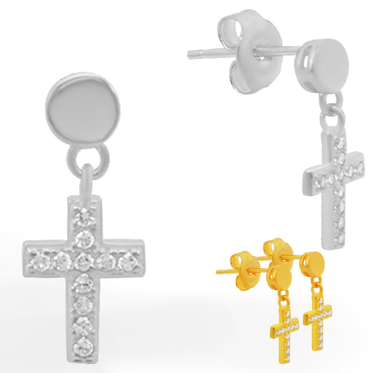 Cross Design Cubic Zirconia Earrings, Sterling Silver Dangling Studs, Push Backs, Elegant Jewelry