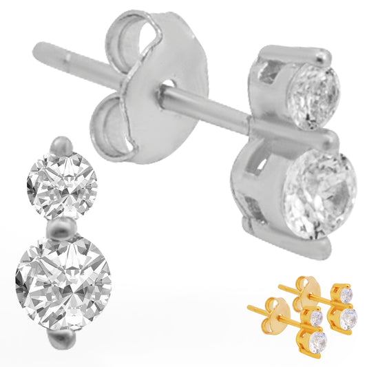 Clear CZ Sterling Silver Earring, Double Prong Setting, Push Backing, Dazzling Jewelry