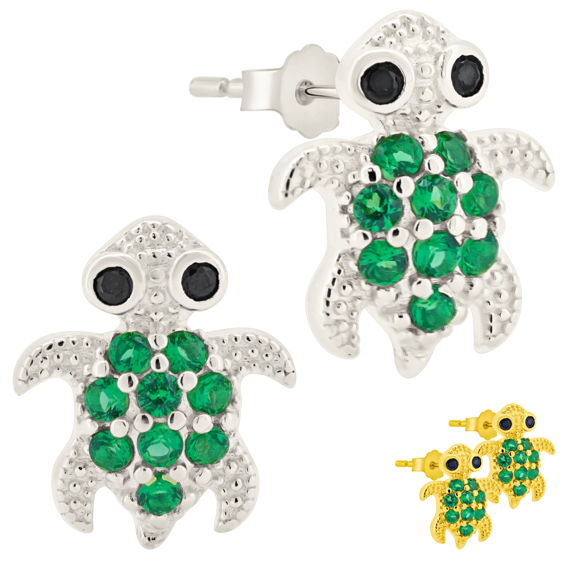 Turtle Stud Earrings, Sterling Silver with Green CZ, Beach Jewelry, Nature Inspired Gift