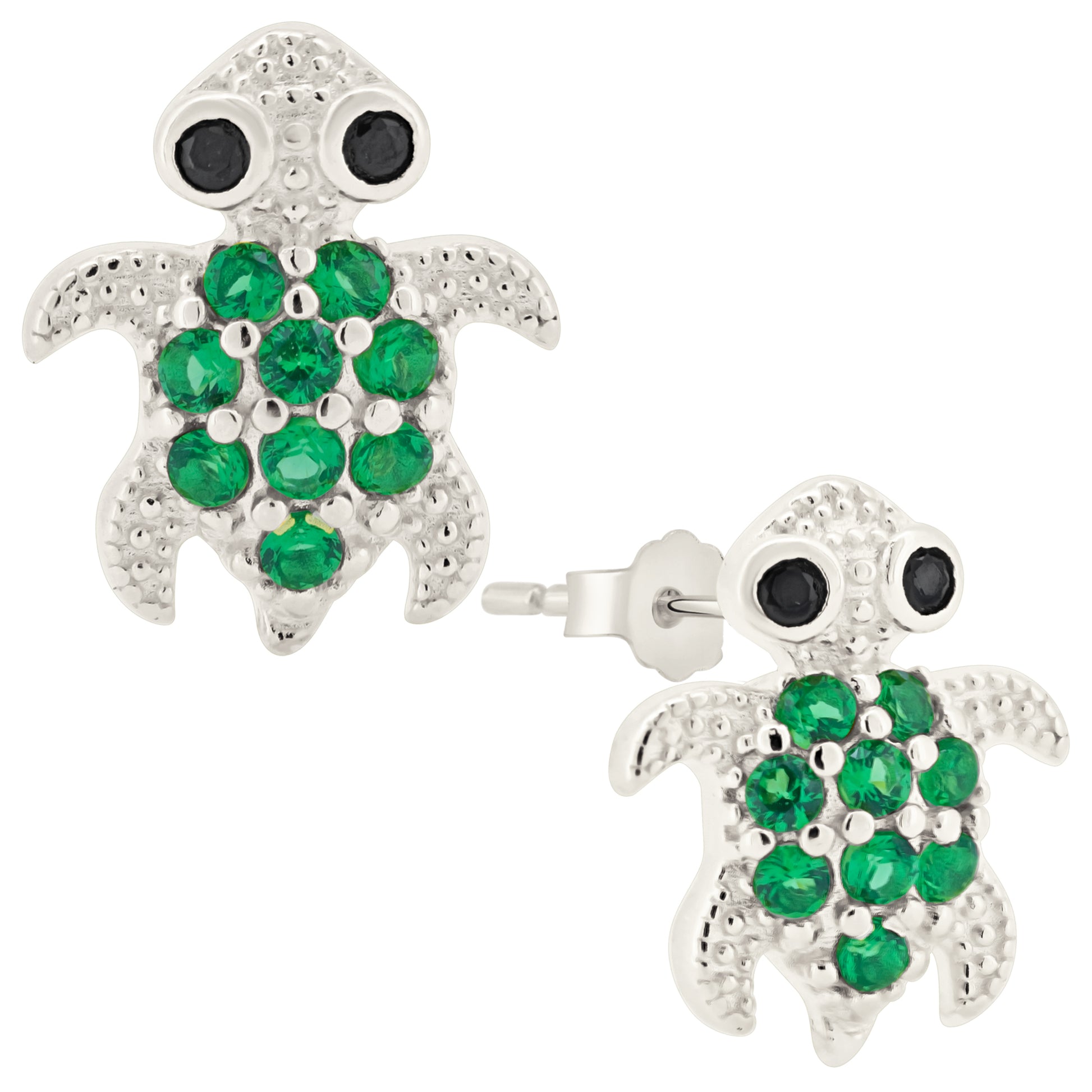 Turtle Stud Earrings, Sterling Silver with Green CZ, Beach Jewelry, Nature Inspired Gift