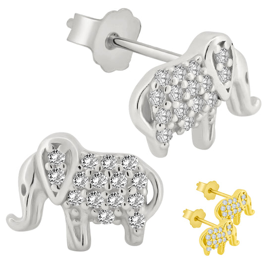 Elephant CZ Stud Earrings, Sterling Silver Elephant Jewelry, Cubic Zirconia Studs, Push Back Earrings
