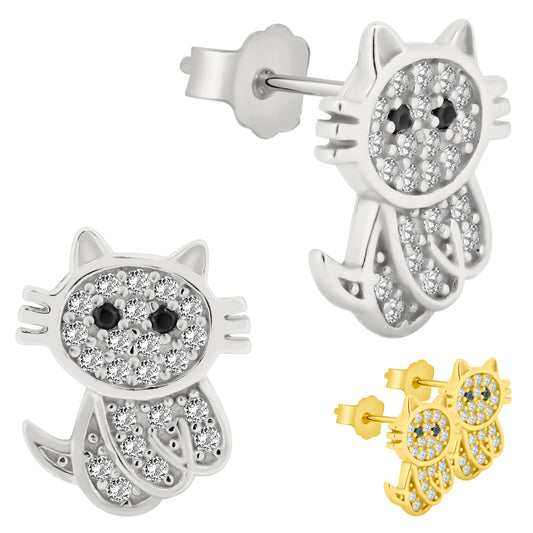 Cat Earrings Stud Push Backing, 925 Sterling Silver, CZ Studs, Animal Lover Gift