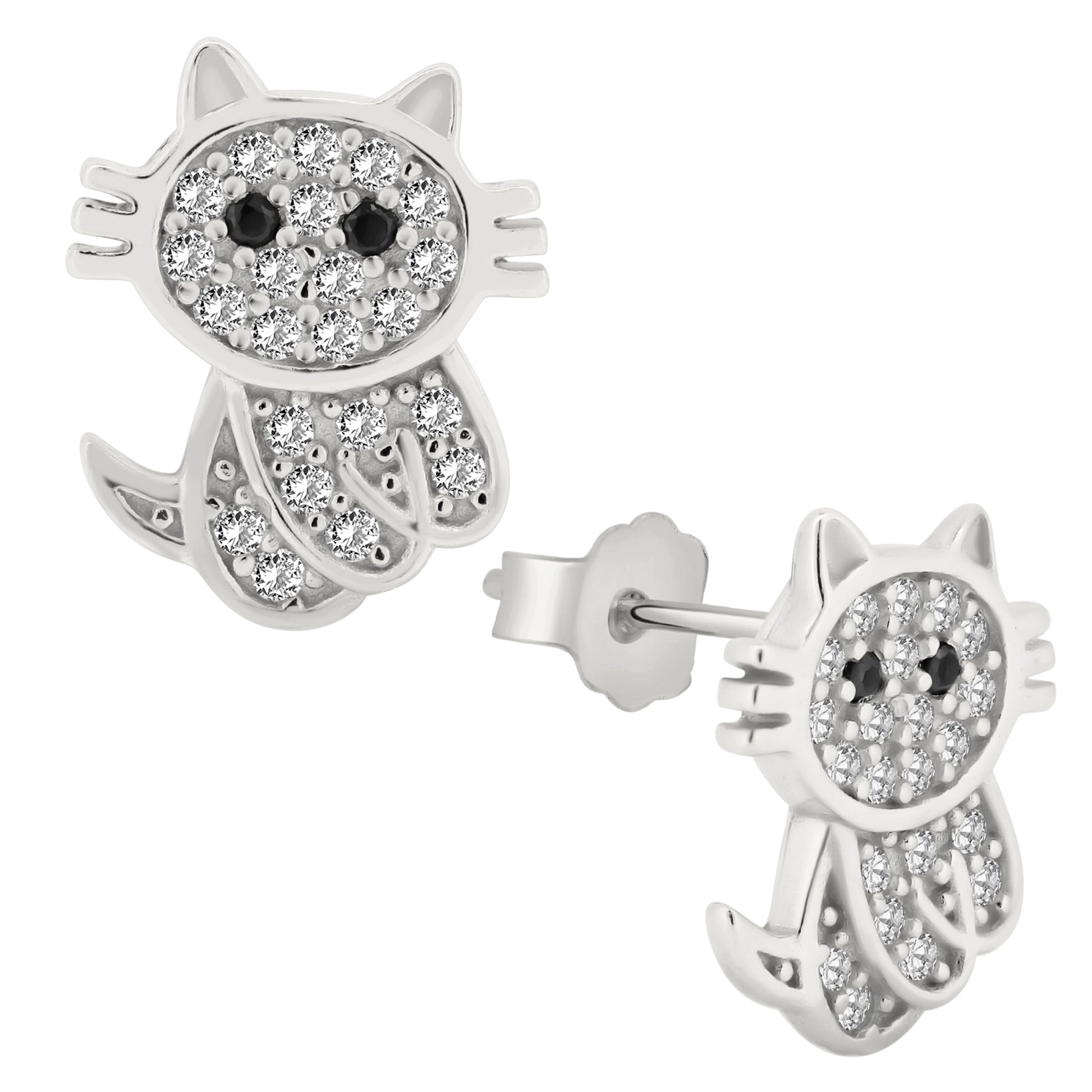 Cat Earrings Stud Push Backing, 925 Sterling Silver, CZ Studs, Animal Lover Gift