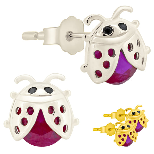 Fuchsia CZ Lady Bug Earrings, Sterling Silver Studs, Push Backs, Nature Inspired Jewelry
