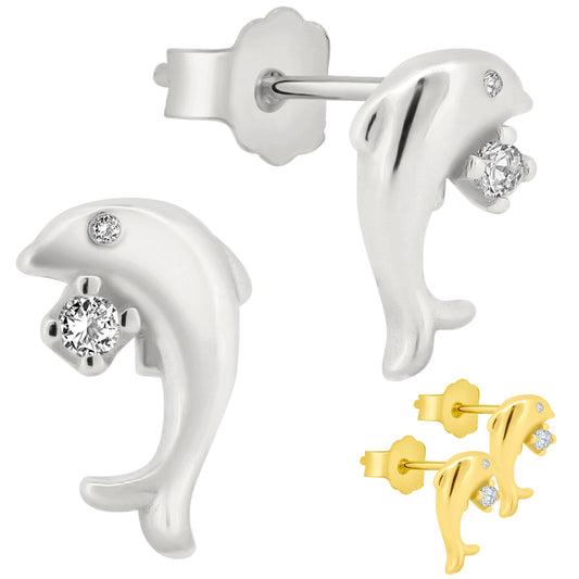 925 Sterling Silver Dolphin Stud Earrings, CZ Dolphin Earrings, Push Backing Jewelry