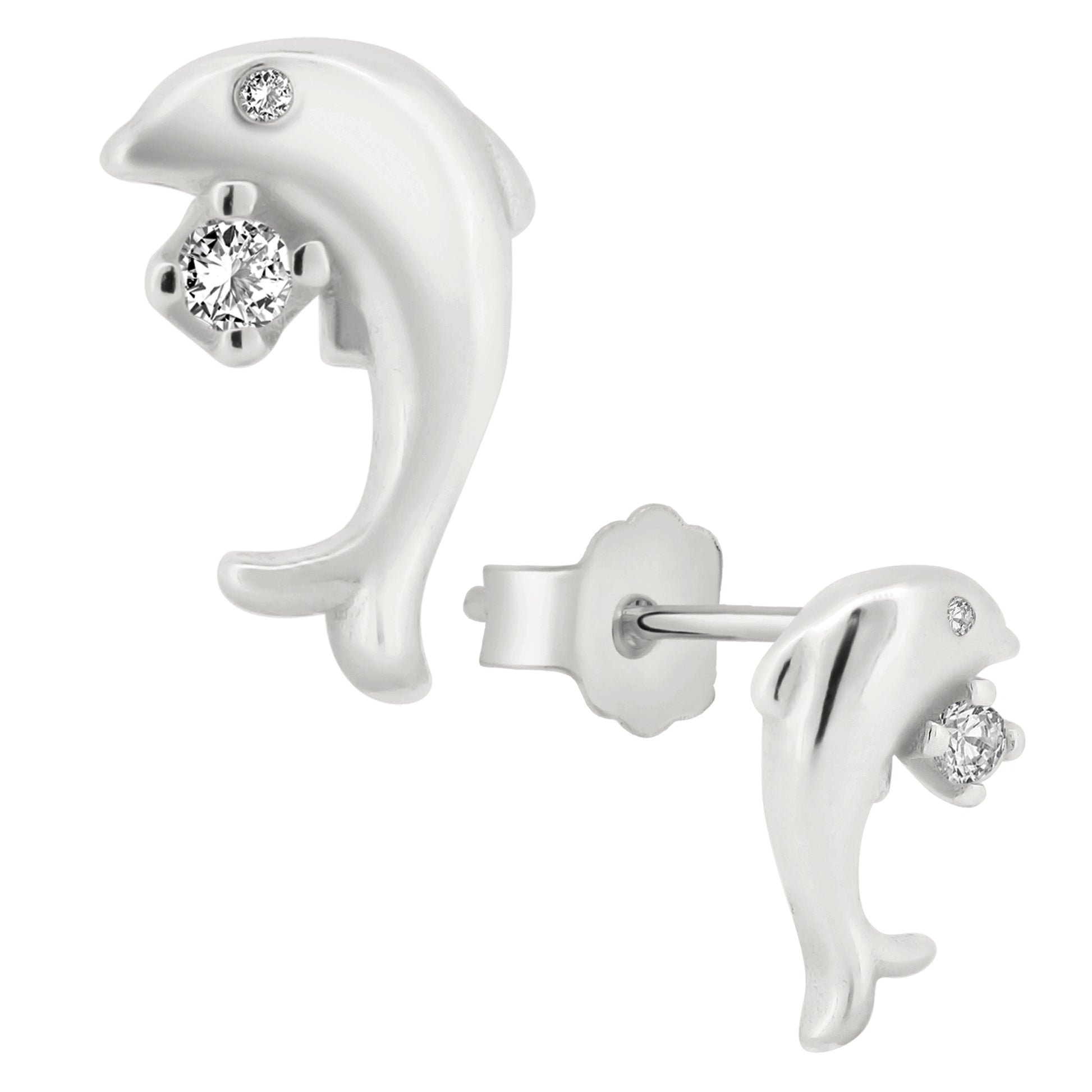 925 Sterling Silver Dolphin Stud Earrings, CZ Dolphin Earrings, Push Backing Jewelry