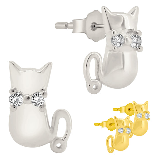 925 Sterling Silver Cat Earrings, CZ Studs, Push Backs, Animal Jewelry, Cat Lover Gift