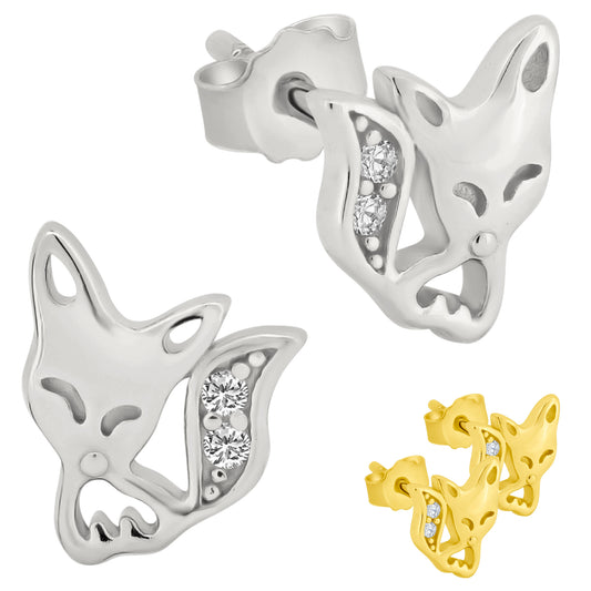 Cute Fox CZ Earrings, 925 Sterling Silver Studs, Cubic Zirconia Jewelry, Push Backing, Animal Lover Gift