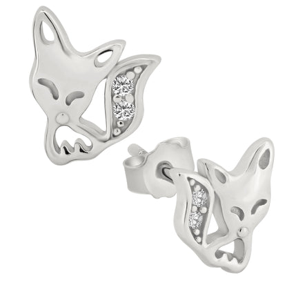 Cute Fox CZ Earrings, 925 Sterling Silver Studs, Cubic Zirconia Jewelry, Push Backing, Animal Lover Gift