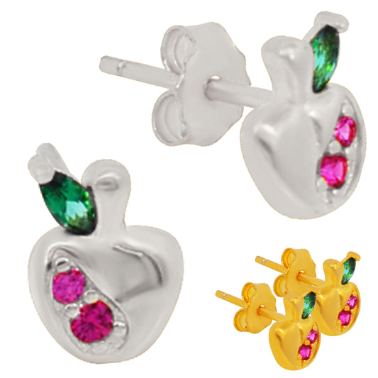 Cubic Zirconia Apple Stud Earrings, 925 Sterling Silver, Push Backing, Apple Design Jewelry