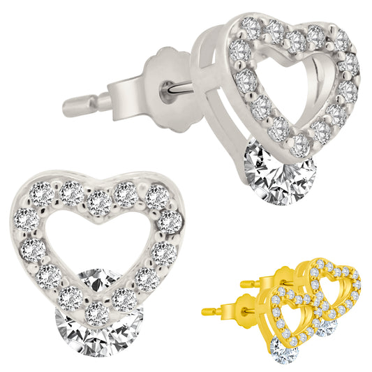 Heart Shaped CZ Stud Earrings, Sterling Silver, Push Backing, Cubic Zirconia Jewelry, Romantic Gift