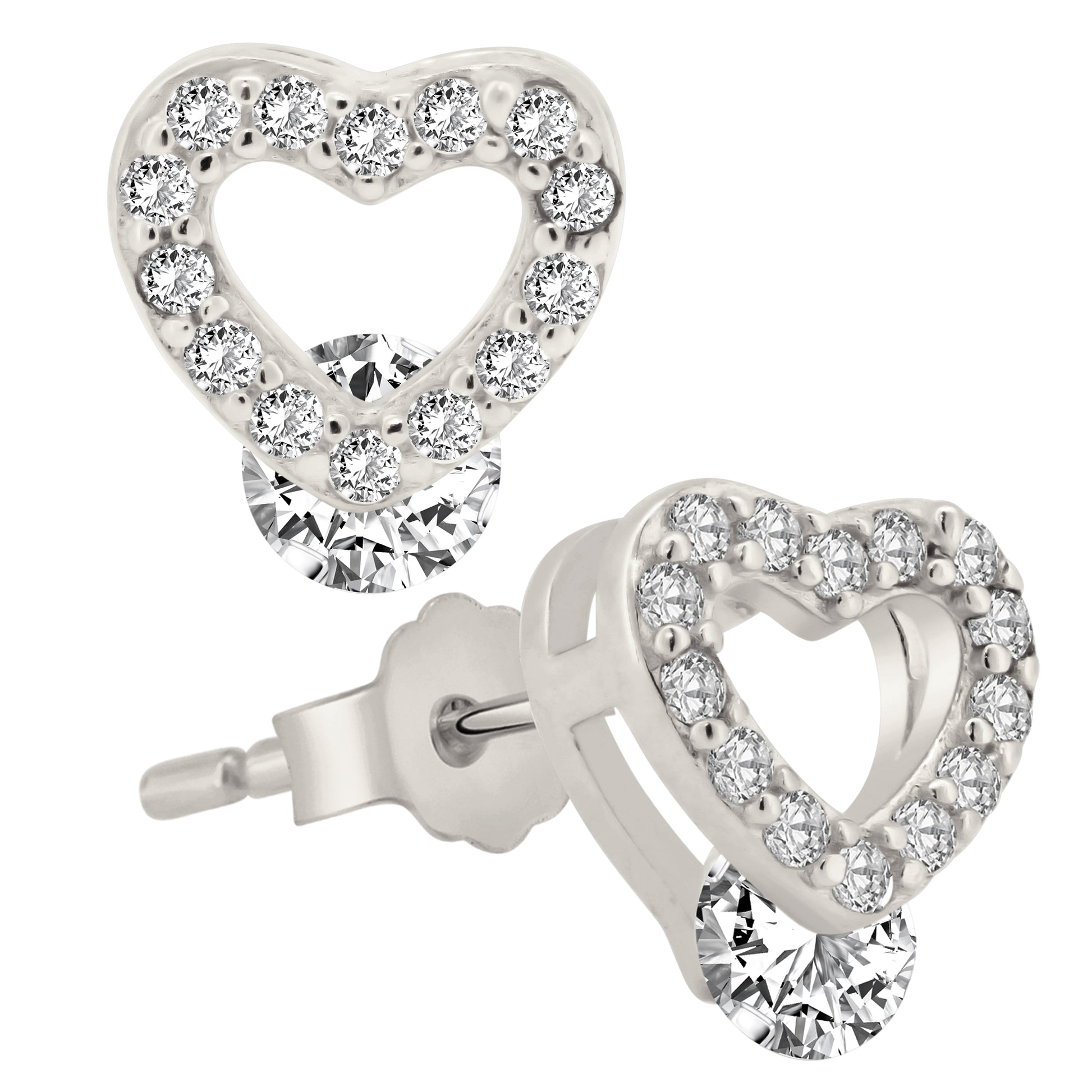 Heart Shaped CZ Stud Earrings, Sterling Silver, Push Backing, Cubic Zirconia Jewelry, Romantic Gift
