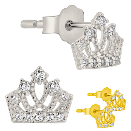 925 Sterling Silver Crown Design with Cubic Zirconia Earrings Stud Push Backing