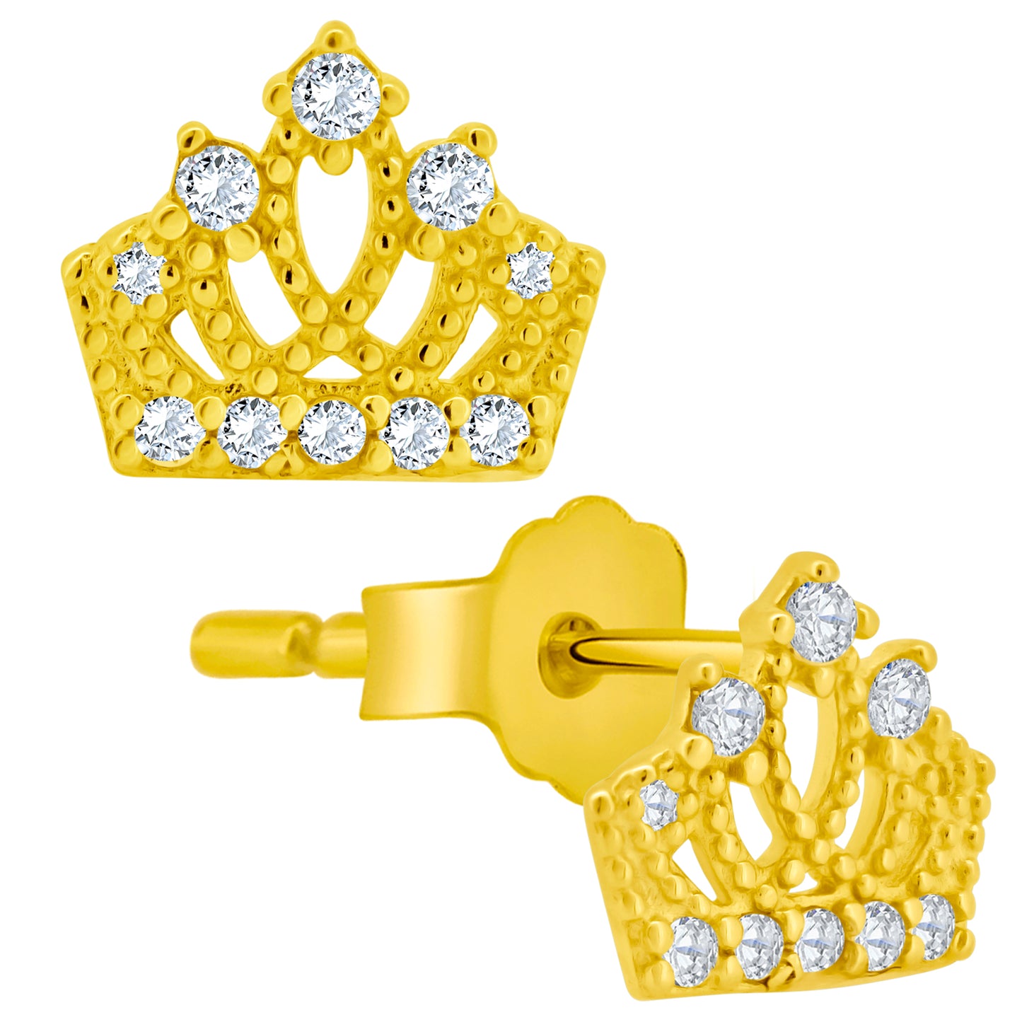 925 Sterling Silver Crown Design with Cubic Zirconia Earrings Stud Push Backing