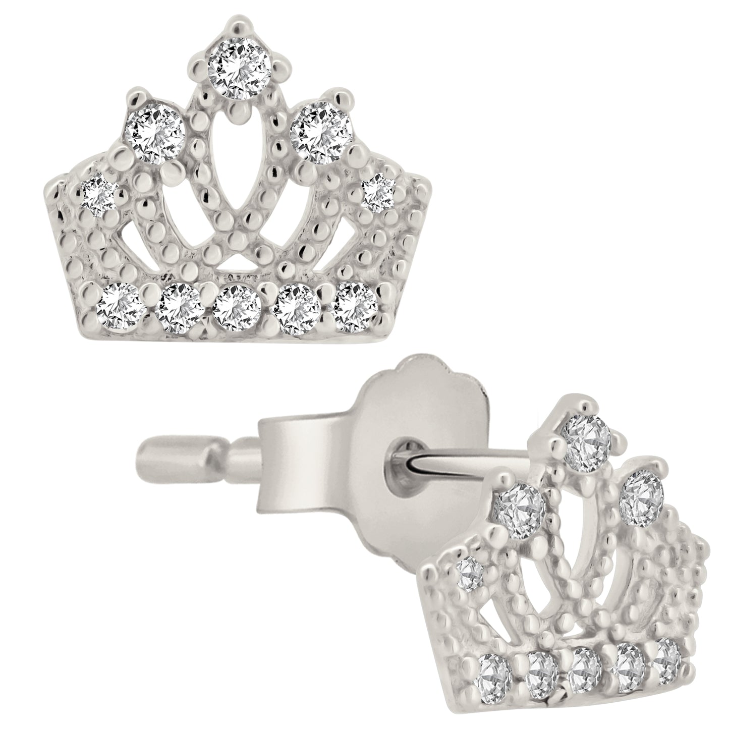 925 Sterling Silver Crown Design with Cubic Zirconia Earrings Stud Push Backing