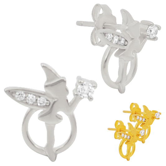 Fairy Design Silver CZ Earrings, Sterling Silver Studs, Push Backs, Dainty Fairy Jewelry