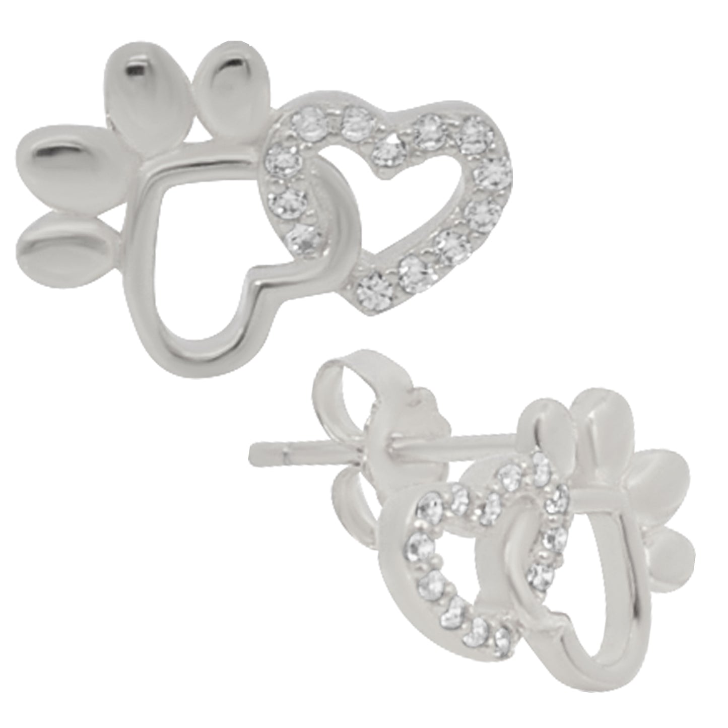 Heart Paw Earrings Sterling Silver, CZ Studs, Linking Heart Design, Push Backing, Animal Lover Jewelry