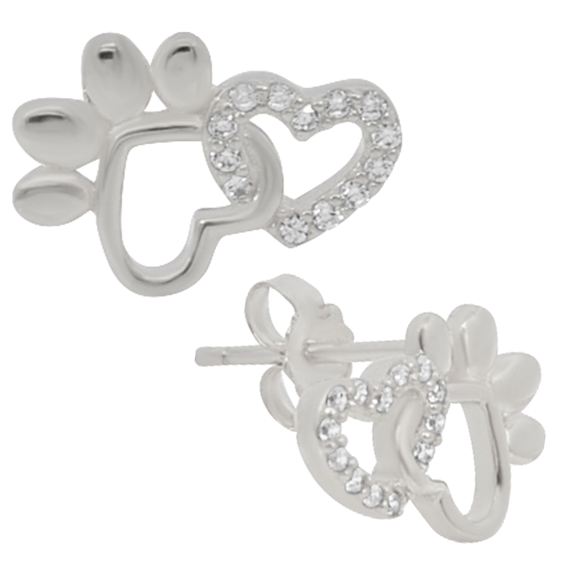 Heart Paw Earrings Sterling Silver, CZ Studs, Linking Heart Design, Push Backing, Animal Lover Jewelry