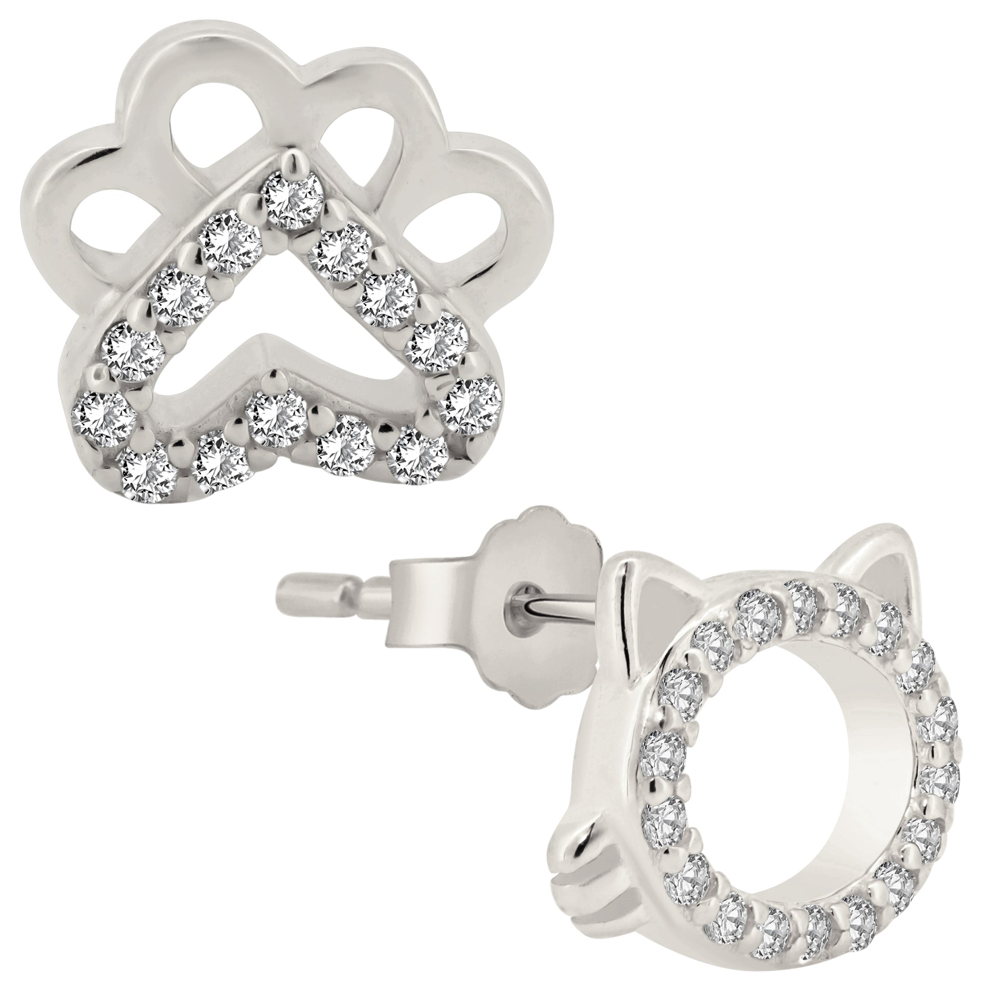 Cat Head and Paw Mismatched Silver Earrings, CZ Studs, Kitty Lover Jewelry, Push Backing, Pet Lover Gift