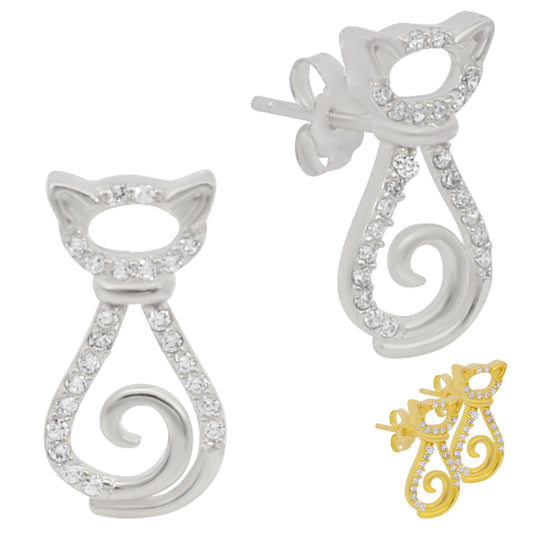 Sterling Silver Cat Earrings, Cubic Zirconia Studs, Push Back, Pet Lover Gift, Cat Jewelry