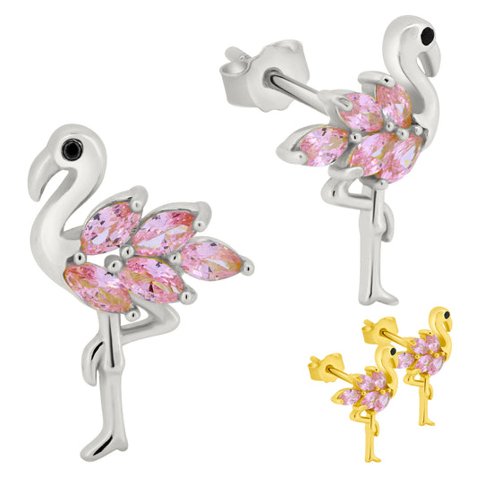 Flamingo Earrings Studs, Sterling Silver CZ Bird Jewelry, Tropical Flair, Push Backing