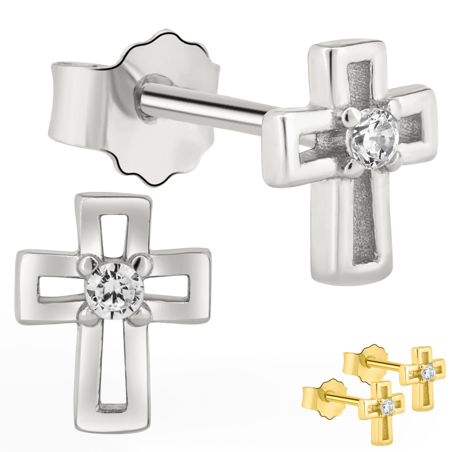 Hollow Cross CZ Earrings, Sterling Silver Dangles, Push Backing, Religious Jewelry