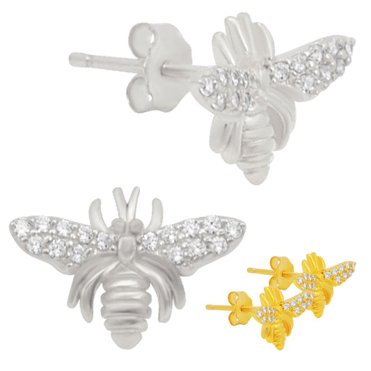 925 Sterling Silver Bee Earrings, Cubic Zirconia Studs, Push Backing, Dainty Bee Jewelry