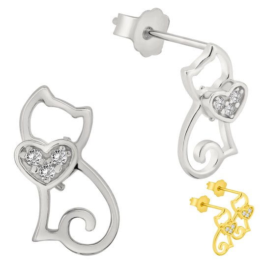 Cat Heart CZ Silver Earrings, Sterling Silver Studs, Push Back, Animal Lover Jewelry