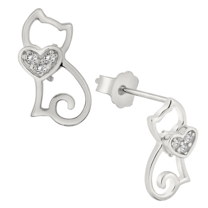 Cat Heart CZ Silver Earrings, Sterling Silver Studs, Push Back, Animal Lover Jewelry