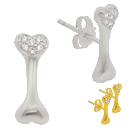 925 Sterling Silver Dog Bone Stud Earrings, CZ Heart, Push Back, Pet Lover Jewelry