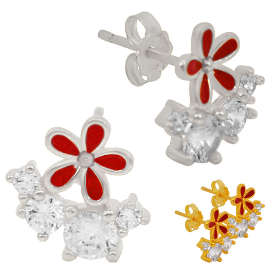 Red Flower CZ Stud Earrings, Sterling Silver Backing, Cubic Zirconia Jewelry, Women's Gift