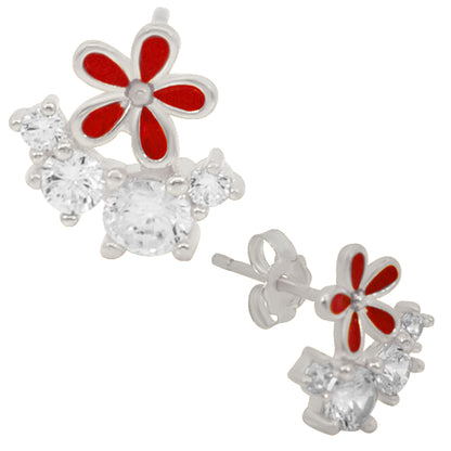 Red Flower CZ Stud Earrings, Sterling Silver Backing, Cubic Zirconia Jewelry, Women's Gift