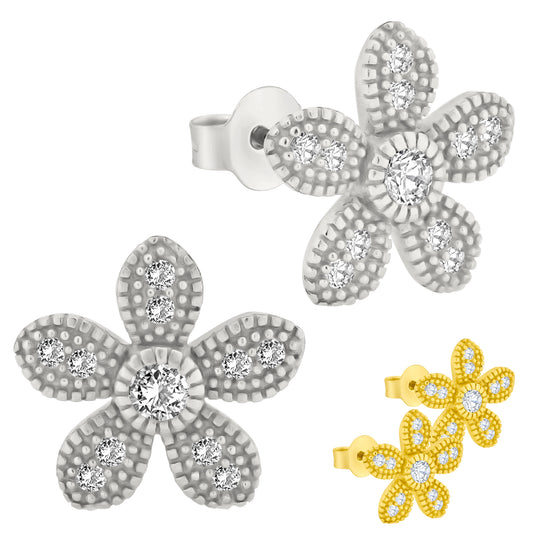 925 Sterling Silver Flower Design Earrings, Cubic Zirconia Studs, Push Backing, Sparkling Jewelry
