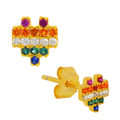 Pixelated Heart CZ Earrings, Sterling Silver Studs, Multi Colored Cubic Zirconia, Push Backing, Sparkling Jewelry