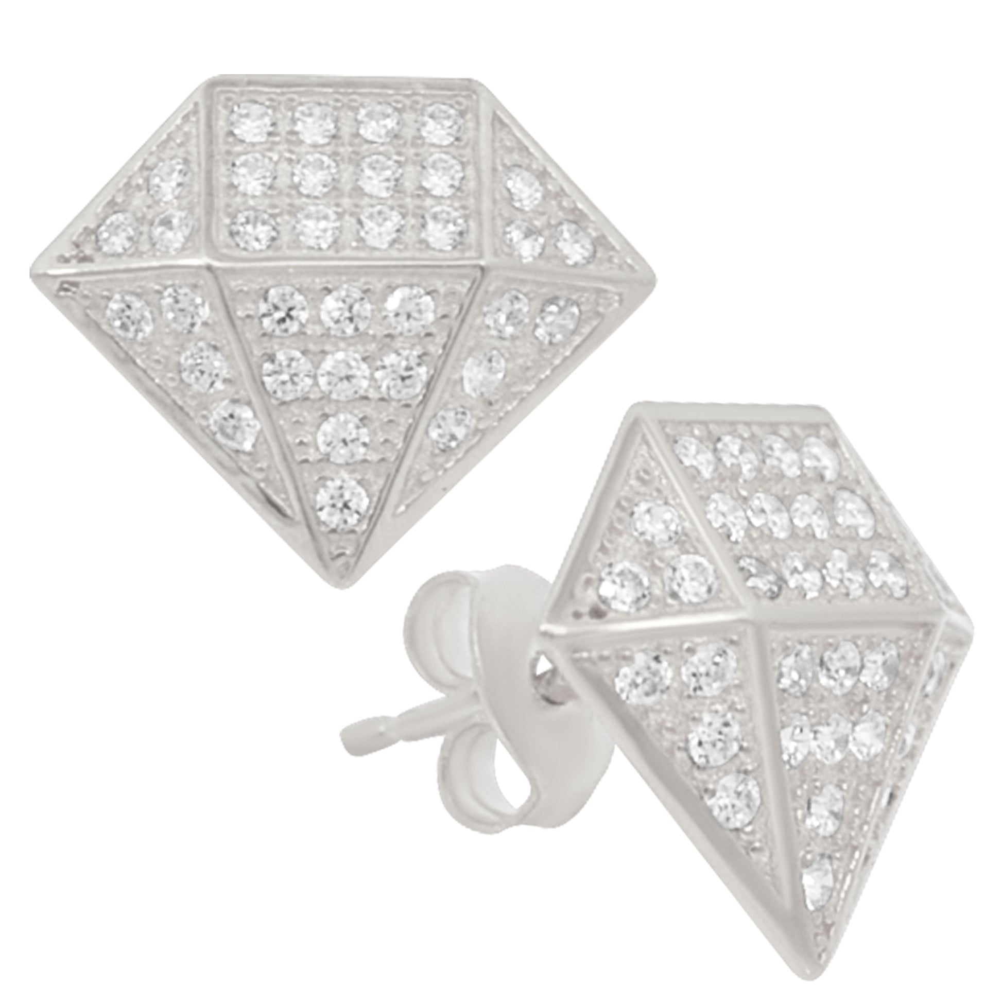 Push Back Sterling Silver Earrings, Diamond Shaped Design, CZ Studs, Cubic Zirconia