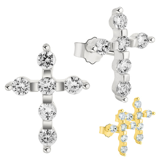 Cubic Zirconia Cross Earrings, 925 Sterling Silver Earrings, Cross Design Studs, Push Back Earrings, Religious Jewelry