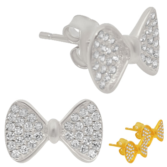 Sterling Silver Bow Tie Design Earrings, Cubic Zirconia Push Backing, Women's Jewelry