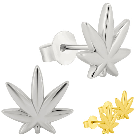 Marijuana Leaf Earrings, 925 Sterling Silver, Plain Design, Push Backings, Handmade Jewelry