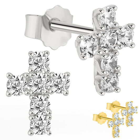 925 Sterling Silver Cross Earring with CZ, Religious Jewelry, Push Backin