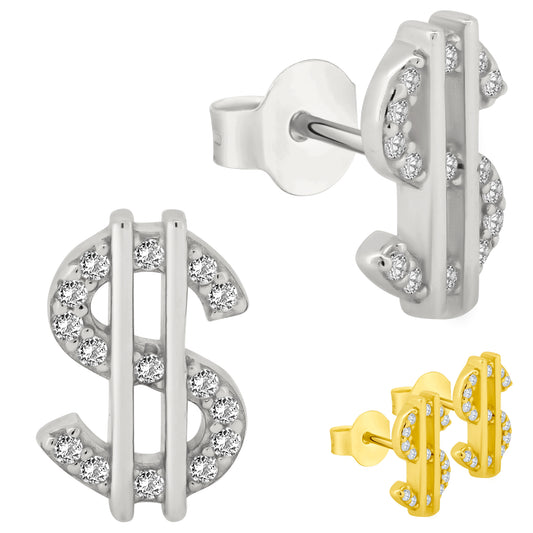CZ Dollar Sign Earrings, Sterling Silver Money Symbol Studs, Sparkling CZ Earrings, Unique Statement Jewelry