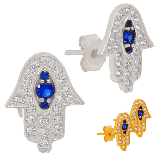 925 Sterling Silver Hamsa Hand Earring, CZ Design, Push Backing, Spiritual Jewelry, Hamsa Hand Gift