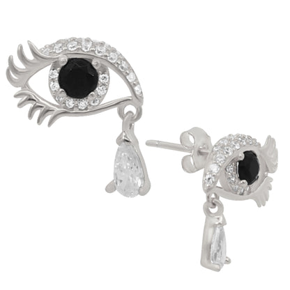 Eye Design CZ Earrings 925 Sterling Silver, Tear Drop Shape, Push Backing, Sparkling Women's Jewelry