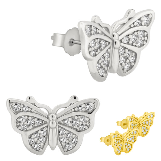 925 Sterling Silver Butterfly Design with Cubic Zirconia Earring Push Backing