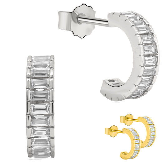 Baguette CZ Stud Earrings, Sterling Silver Half Hoop, Push Backing, Sparkling Jewelry, Dainty Earrings