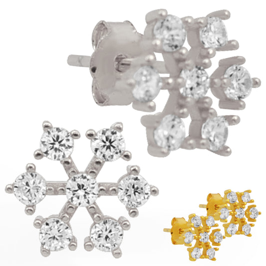 Weather Inspired Sterling Silver Snowflake Earrings with Cubic Zirconia Push Backs
