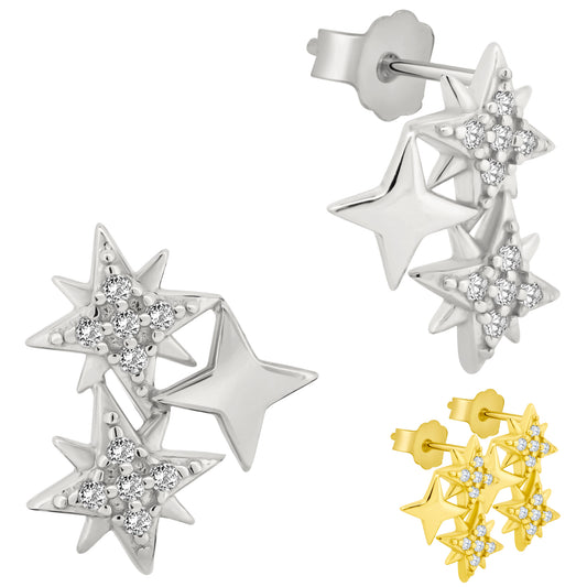 CZ Starburst Earrings, Sterling Silver Linked Design, Push Backing, Elegant CZ Jewelry
