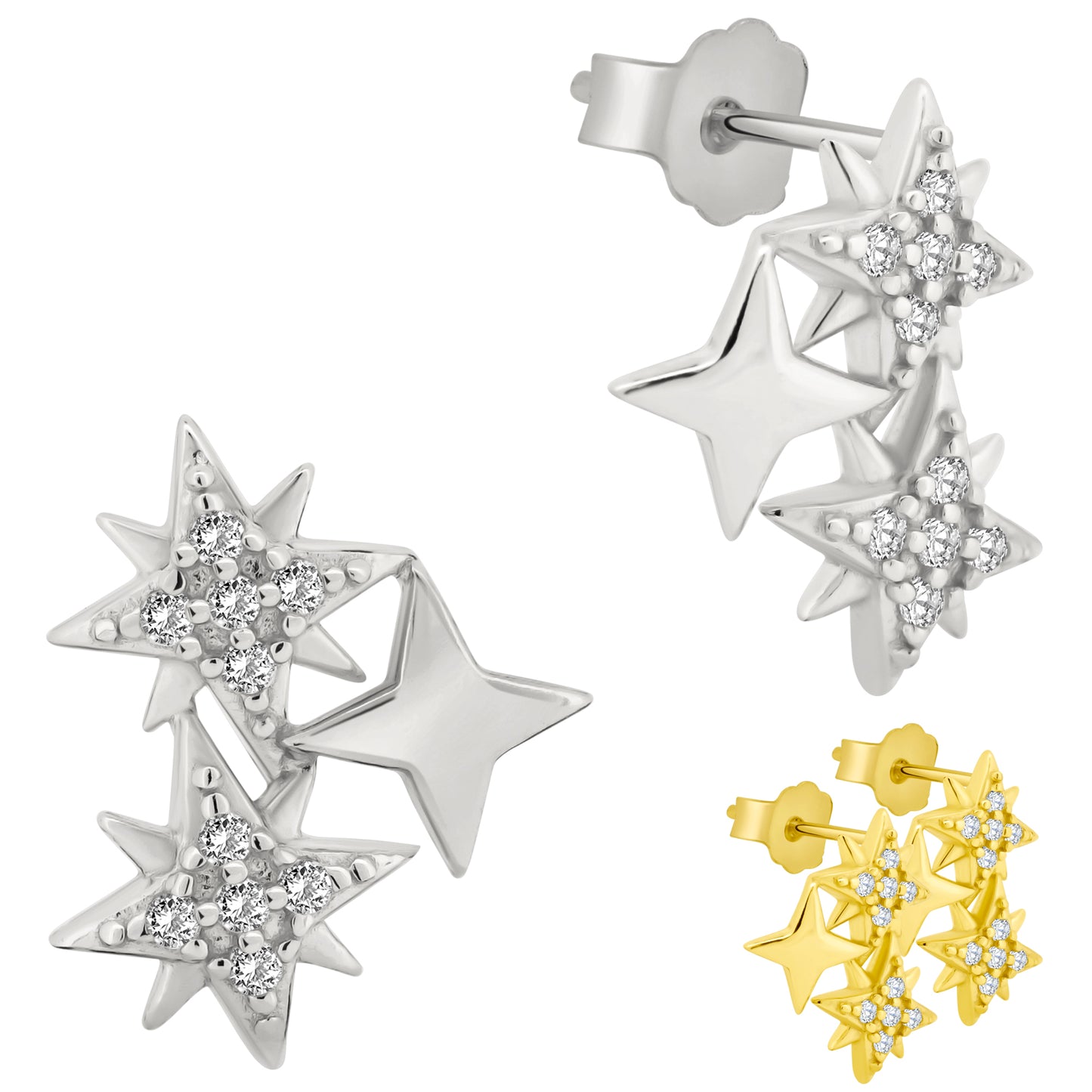 CZ Starburst Earrings, Sterling Silver Linked Design, Push Backing, Elegant CZ Jewelry