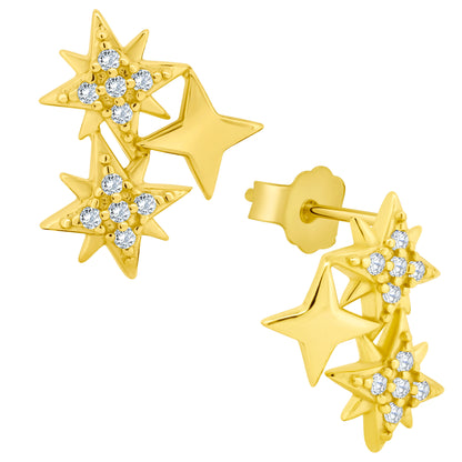 CZ Starburst Earrings, Sterling Silver Linked Design, Push Backing, Elegant CZ Jewelry