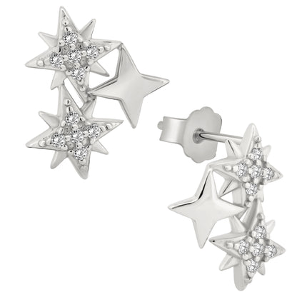 CZ Starburst Earrings, Sterling Silver Linked Design, Push Backing, Elegant CZ Jewelry